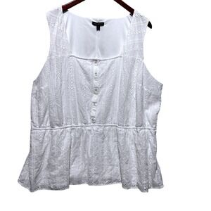 Lane Bryant White Eyelet Boho Top 28 Sleeveless Cinched Waist Square Neck Blouse